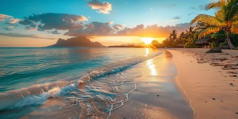 Fotobehang Tourism background with Fantastic Sunrise Beach in Mauritius. Dream Honeymoon Destination. © Viacheslav