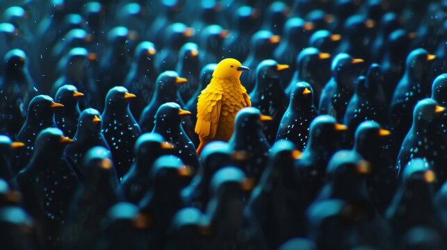A yellow crow alone among a crowd of black crows emphasizes the idea of standing out and being different from the rest.