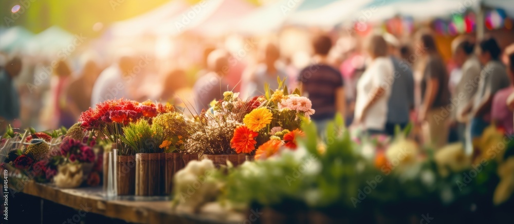 Poster Image of people shopping at a flower market fair with a blurred background and bokeh effect. with copy space image. Place for adding text or design