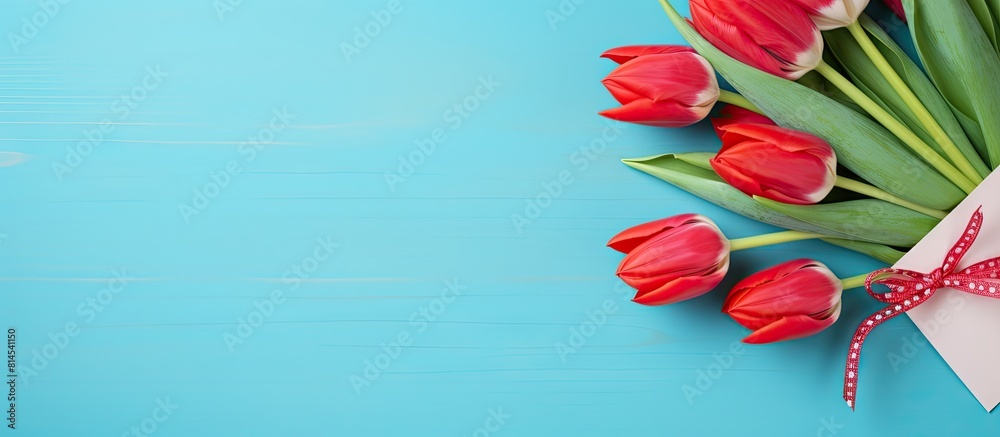 Poster Red tulip bouquet and card on a bright blue table background creating a design concept for a Mother s Day holiday greeting gift with copy space image