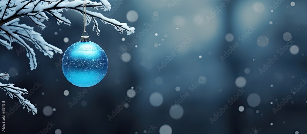 Poster a festive forest branch adorned with a single blue ornament creating a welcoming background for new 