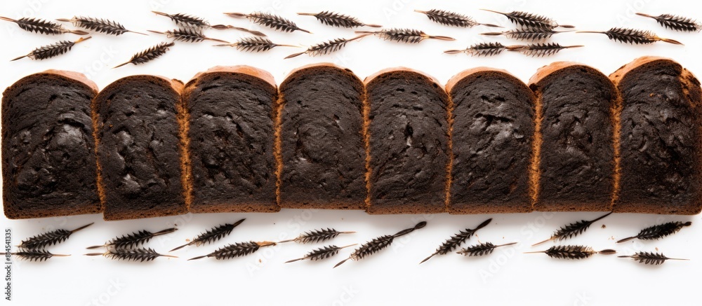 Aufkleber A food background with a view from above showing decorative edging pieces of black rye bread on a white surface creating an isolated border pattern. with copy space image