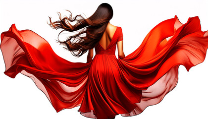 Back view of a beautiful young woman with long wavy hair, in long flying red dress fluttering in wind, girl in wavy dresses blowing, isolated on white background. Generative Ai.