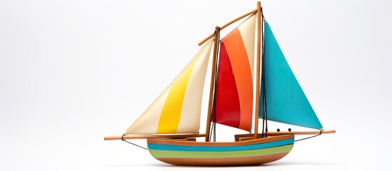A small wooden ship souvenir with colorful sails against a white background perfect for adding copy space in an image