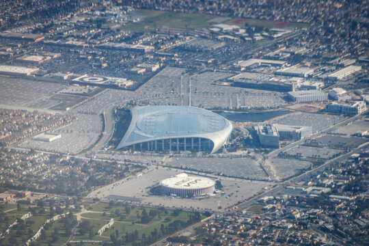 Inglewood, USA - March 29,2024: Aerial of SoFi Stadium Inglewood, California, USA seen from an airplane