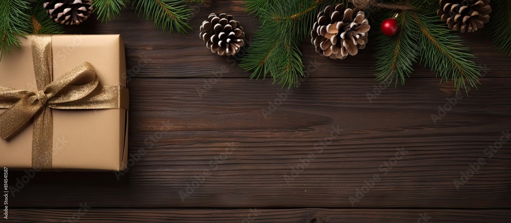 Poster a festive border of fir branches cones and a gift box wrapped in kraft paper rests on a wooden backg