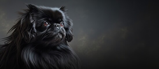A Pekingese dog with a black coat is indoors and serves as a decorative element The background provides ample space for text