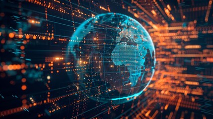 Obraz premium An abstract digital world map, the concept of global connectivity on Earth, data transfer and cyber technology, as well as international telecommunications and information exchange