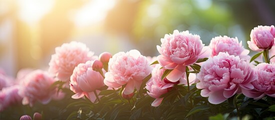 A close up of blooming pink peonies in a garden creating a natural floral background with plenty of...