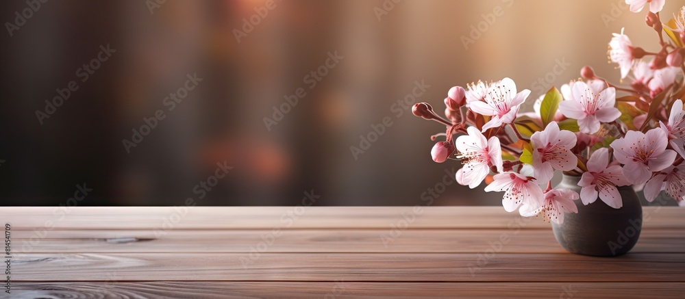 Fototapete a copy space image of a hazy sakura bloom can be seen on a rustic wooden table
