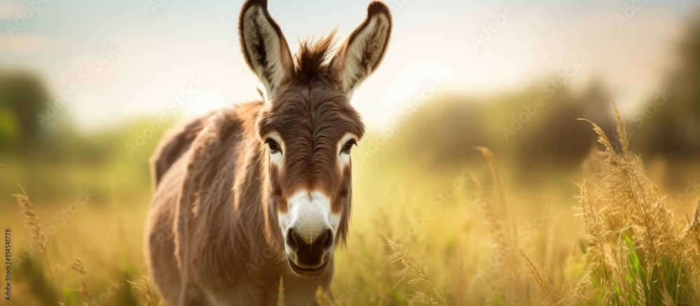 Aufkleber Closeup image of a donkey grazing with ample copy space