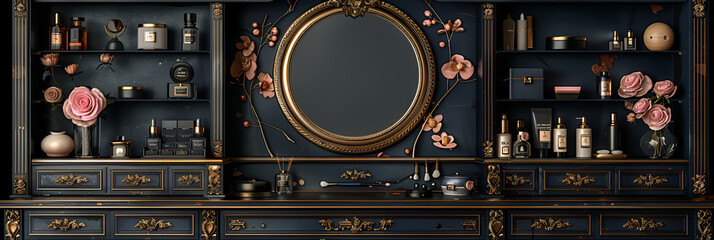 Dressing Table on transparent background,
Antique black Library shelves with books
