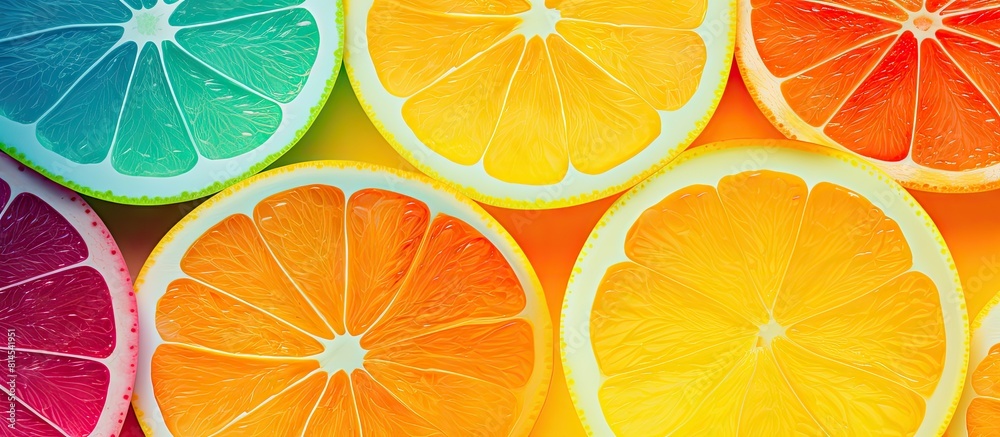 Poster A vibrant and artistic pattern of freshly sliced oranges creates a captivating texture The neon colors add a mesmerizing touch to the macro top view image that features copy space This visually appea