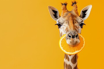 Giraff is playfully holding an orange slice in its mouth, patel banner with copy space for text