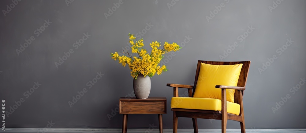Fototapete A modern wooden armchair with a small table adorned with yellow flowers is displayed in a stylish decor setting creating a harmonious and visually appealing image with ample copy space
