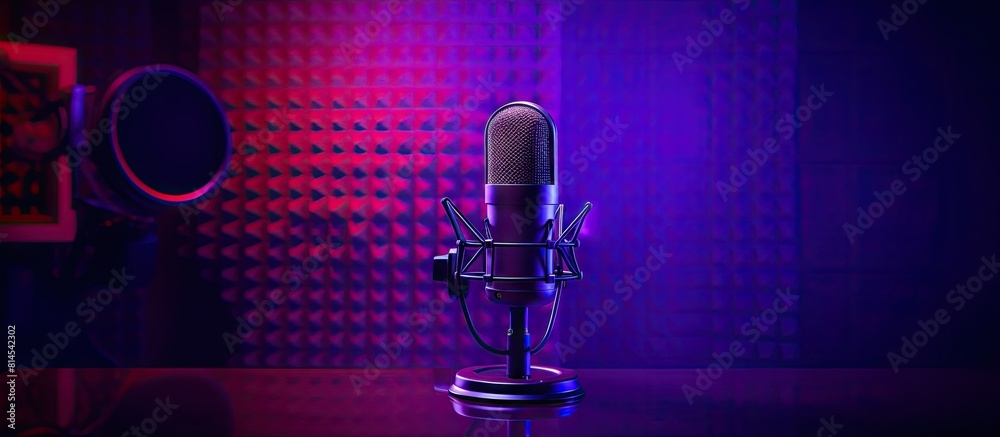 Poster the sound recording studio showcases a professional microphone against a vibrant purple background m