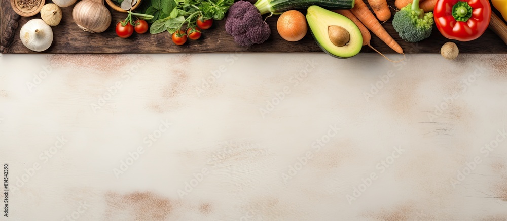 Poster top view of a vintage background displaying a banner with raw organic vegetables and fresh ingredien