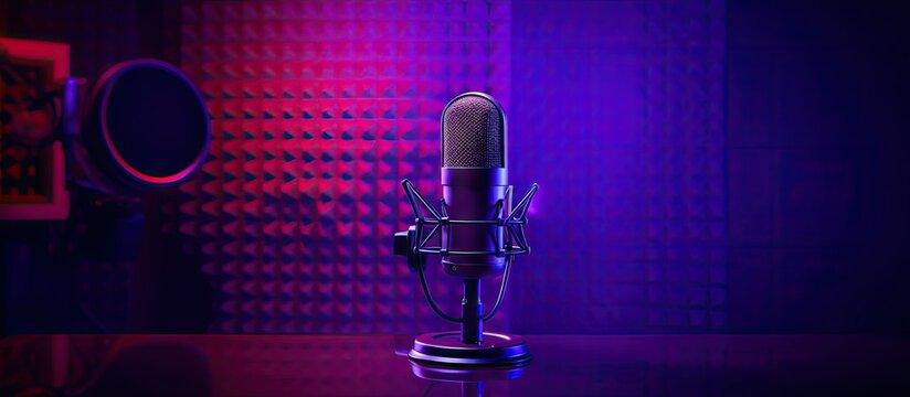 The sound recording studio showcases a professional microphone against a vibrant purple background making it a perfect backdrop for a podcast or recording studio There is ample copy space available fo