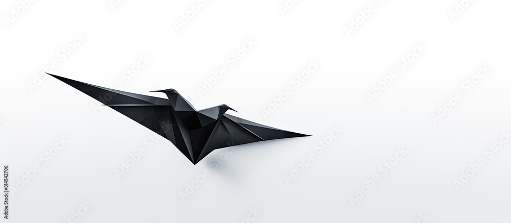 Poster in an isolated white background a black origami bird gracefully soars through the air providing ampl