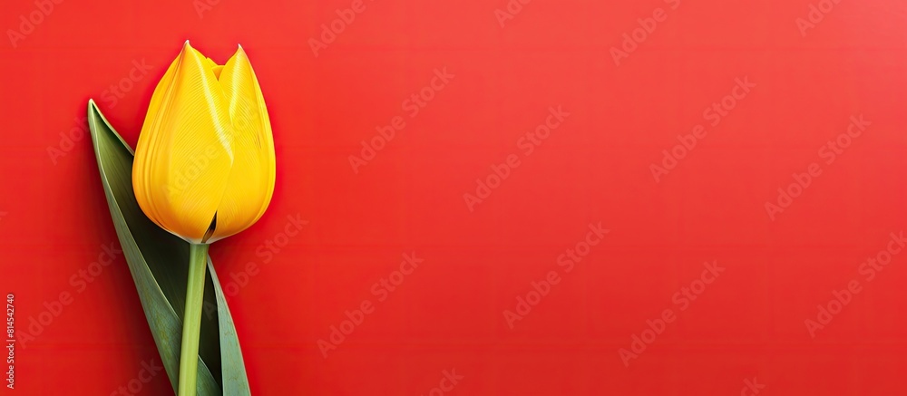 Aufkleber Yellow tulip with top view and isolated on red background Perfect for a copy space image