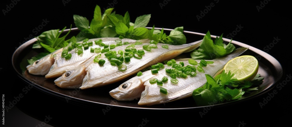 Aufkleber A white Pomfret fish is presented on black plates accompanied by fresh green coriander creating a copy space image
