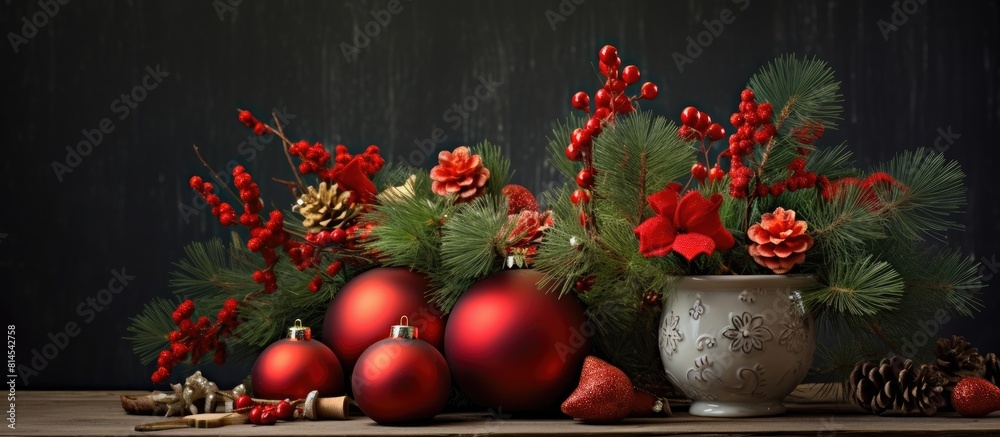 Poster a festive arrangement of christmas decorations toys and spruce branches against a neutral grey backg