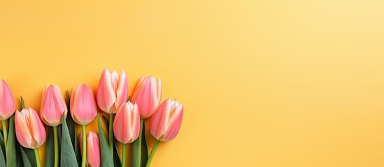 A top view copy space image of yellow tulips on a coral background in a spring card