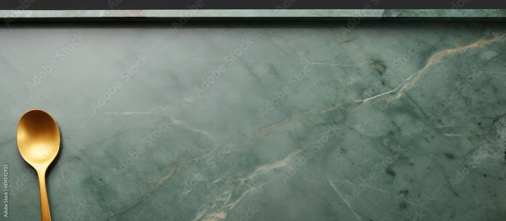 Aufkleber Top view of a minimal style gold frame and square complemented with a wooden spoon placed on a green marble background The image provides ample text space