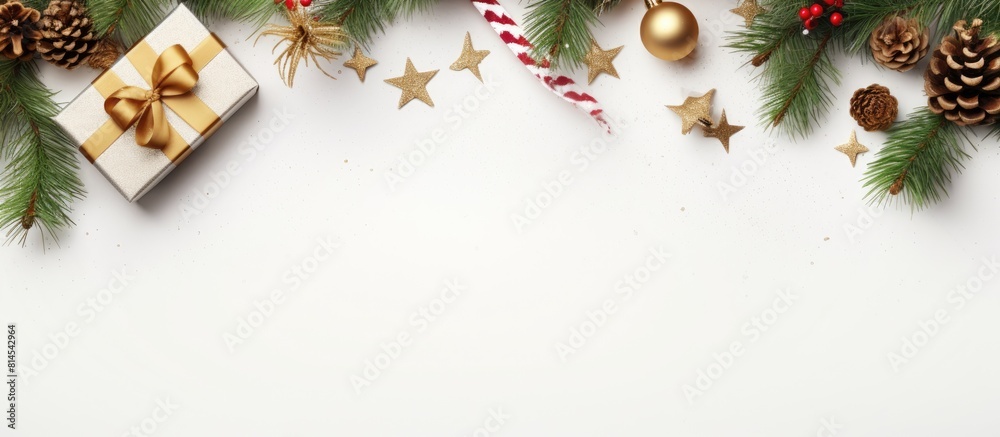 Poster Top view image of a Christmas themed background featuring a creatively decorated fir tree present box and festive decorations placed on a white table. with copy space image