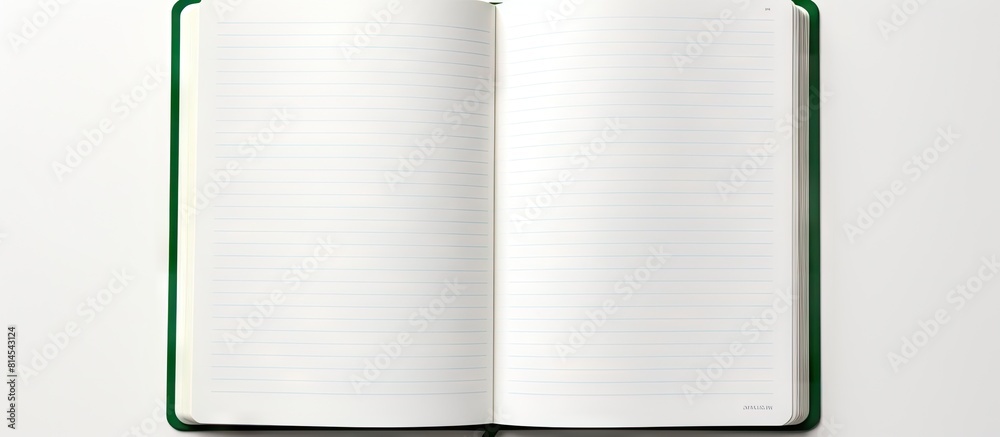 Poster A white background displays a blank green notebook providing ample copy space for written content or imagery