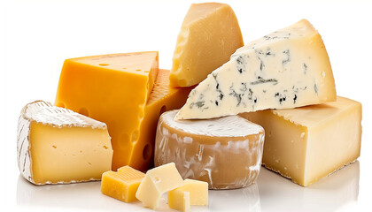 Gourmet cheese assortment arranged on a clean white backdrop, highlighting textures and colors, perfect for celebrating National Cheese Day and culinary themes