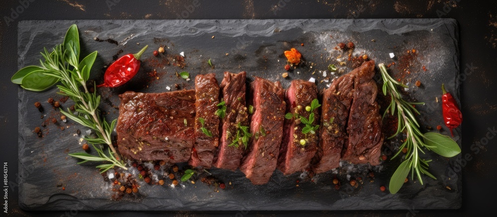 Poster top view horizontal copy space image of a delicious natural beef appetizer seasoned with spices and 