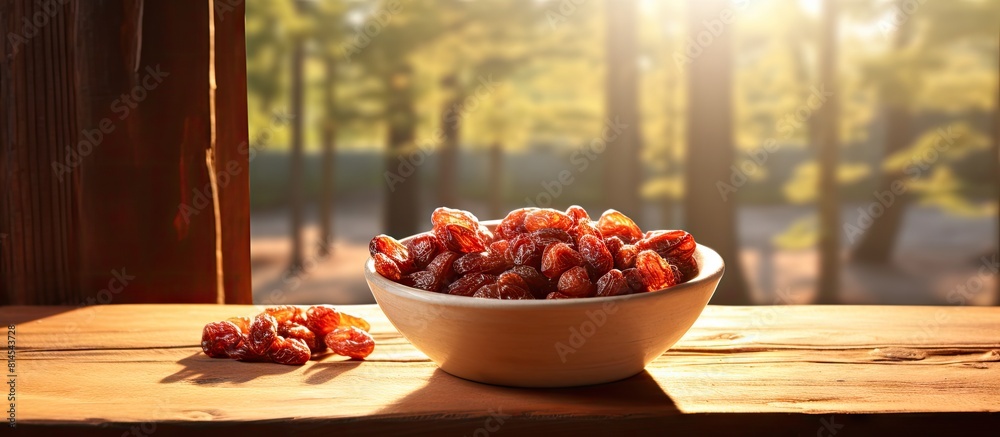 Poster A porcelain bowl filled with sun dried sour cherries sits on a wooden table creating a rustic background for this copy space image