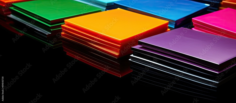 Poster A close up look at vibrantly colored stamping pads against a black background with plenty of empty space for text or other elements. with copy space image. Place for adding text or design