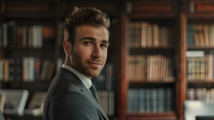 Fototapeta premium Confident young businessman in a suit with a library backdrop, looking successful