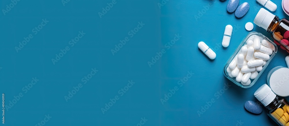 Poster top view of various medicines for flu illnesses cold and cough displayed on a blue table with tablet