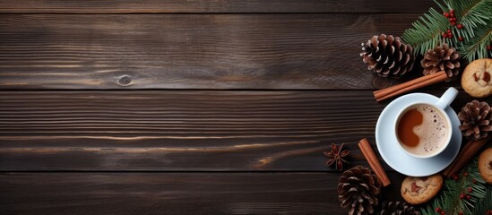 A Christmas themed composition featuring spruce branches pinecones a cup of coffee with cookies on a wooden background Great for festive greetings or cards Includes copy space viewed from above