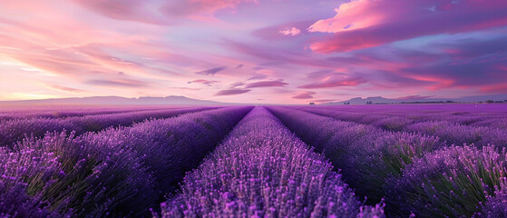 Vibrant lavender fields under a clear sky, stretching peacefully toward the distant horizon.
