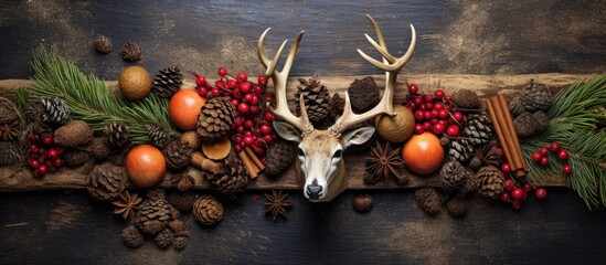 Top view of a Christmas decoration featuring a rustic tree made of twigs adorned with natural pine cones An Xmas deer is surrounded by an assortment of fruits on a dark background Copy space image - Powered by Adobe