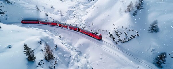 Aerial view of Bernina Express train in winter, Filisur, Switzerland