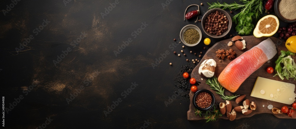 Wall mural Copy space image Raw fish meat poultry cheese fruits vegetables olive oil and peanuts arranged on a dark brown marble surface along with a wooden cutting board seen from the top view