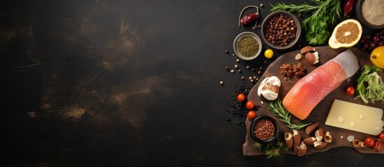 Copy space image Raw fish meat poultry cheese fruits vegetables olive oil and peanuts arranged on a dark brown marble surface along with a wooden cutting board seen from the top view - Powered by Adobe