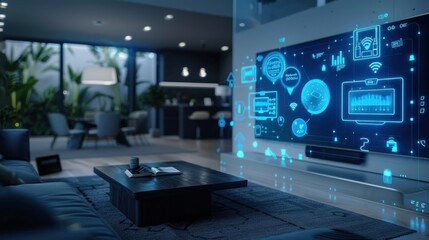 Blue digital symbols floating near connected devices in a smart home interior.