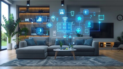 Blue digital symbols floating near connected devices in a smart home interior.
