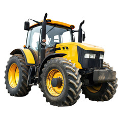Obraz premium A large yellow modern tractor, equipped with advanced farming technology, isolated on a black background.