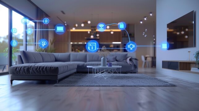 Sleek smart home interior featuring connected devices and intuitive section icons