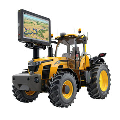 Obraz premium Modern yellow tractor equipped with a large GPS navigation display, showcasing advanced agricultural technology.