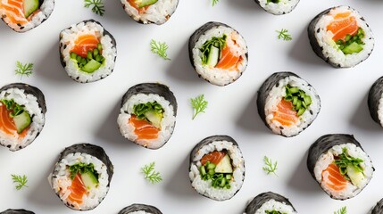 Studio-lit, isolated top view of sushi rolls with rice and green garnish, set for advertising to emphasize focus and detail
