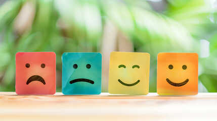 Four mood emoticons in red, blue, yellow, and green against a blurred green background, concept of emotional feedback and customer satisfaction survey.