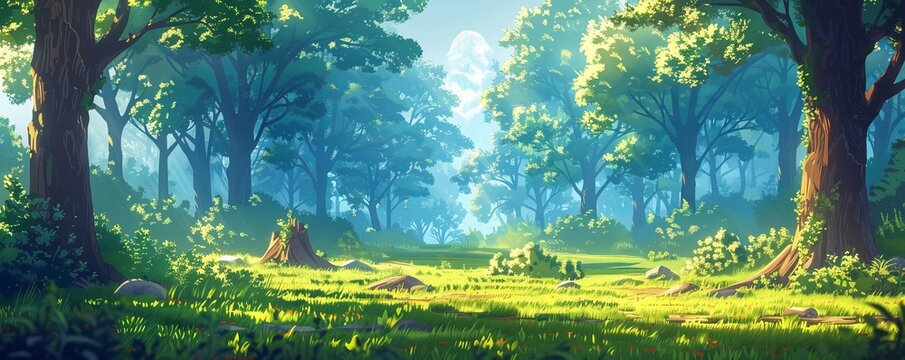 anime cartoon style woodland forest background banner, generated ai